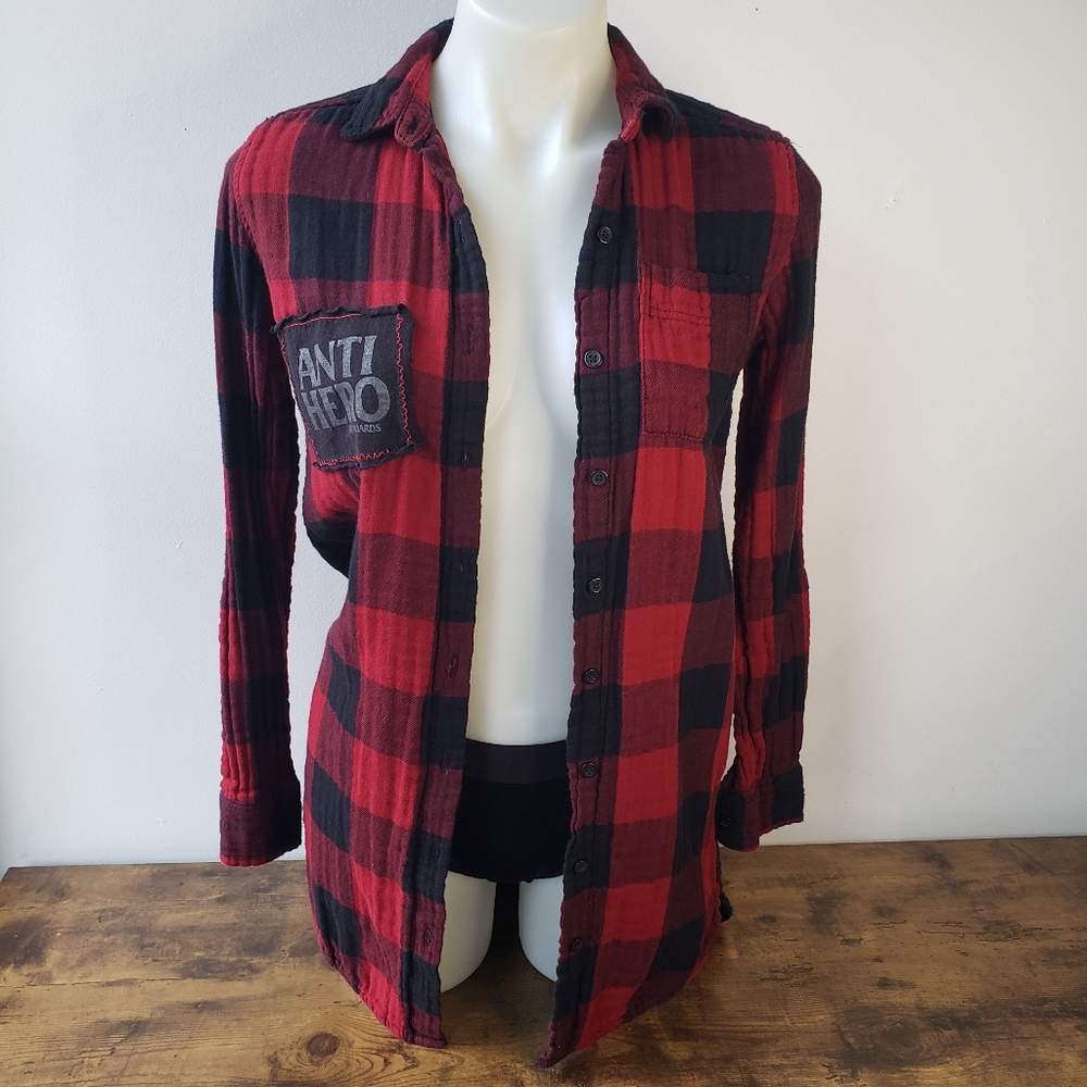 Antihero 18 Red + Black Gingham Check Grunge Flannel Shirt w Upcycled Patches